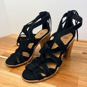 UGG HARRIS Black Suede Lace Up Gladiator Block Heel Sandals Women Size 9